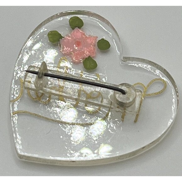 Vintage Heart-Shaped Mother Pin With Pink Flower Clear Lucite 1940s Brooch - Picture 6 of 6